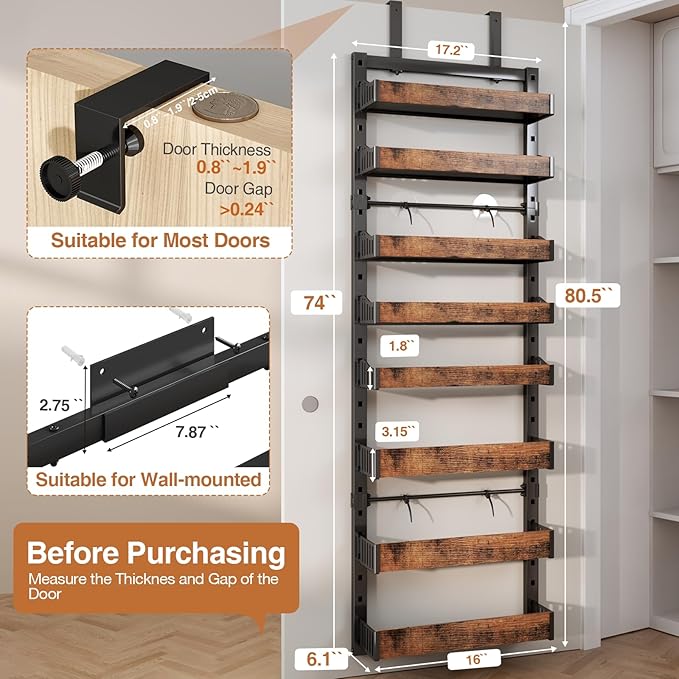 8-Tier Over The Door Pantry Organizer, Heavy-Duty Metal Wall Mount or Hanging Spice Rack, behind the door storage Shelves with Adjustable Basket, Back of Door Organizer for Kitchen Cabinet and Closet