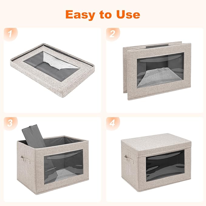 4-Pack Fabric Storage Bins with Lids, Foldable Storage Boxes with Handles & Clear Window, Closet Organizers for Clothes, Books (Oatmeal, 4PCS/14.9 x 9.8 x 9.8 in)-NeatNest