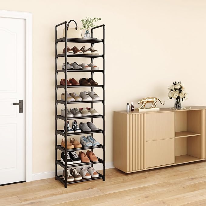 10 Tier Tall Shoe Rack Organizer 20-25 Pairs Shoe Tower Shelf,Metal Shoe Storage,Lager Shoe Storage for Closet Entryway(Black)-NeatNest