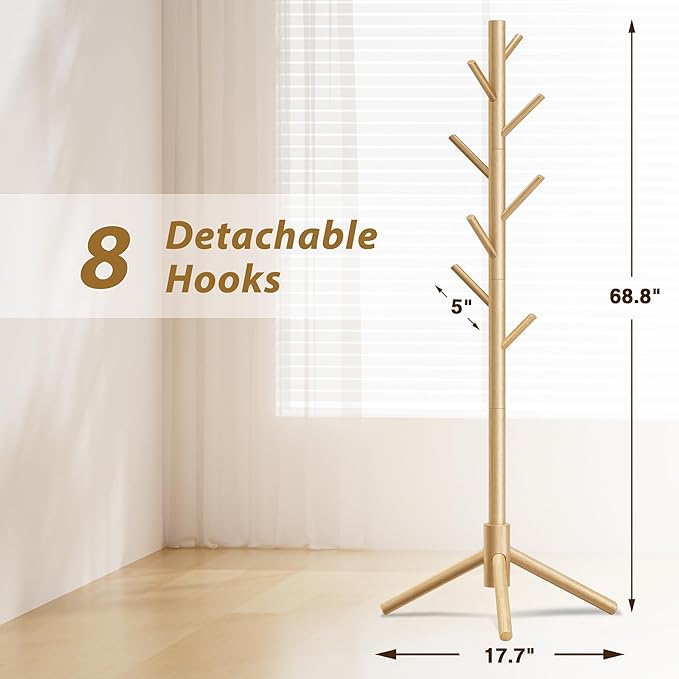 Wooden Coat Rack, Free Standing Coat Rack with 8 Hooks 3 Adjustable Heights for Clothes, Hats, Handbags, Coat Tree Easy Assembly for Entryway, Bedroom, Hallway, Office (New Nature)-NeatNest