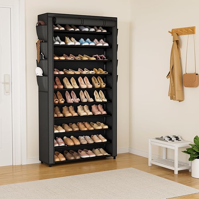 VTRIN Tall Shoe Rack with Cover, 10 Tier Shoe Organizer Storage for 50-55 Pairs Shoes and Boots Large Capacity Shoe Shelf with 8 Pockets Free Standing Shoe Rack for Closet, Entryway, Garage-NeatNest