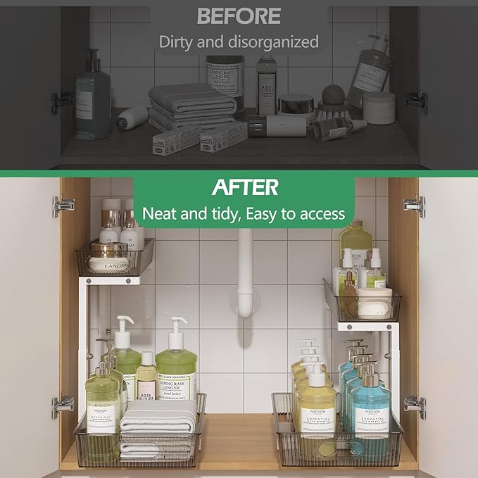 ADRIMER Under Sink Organizer 2 Packs, Pull Out Kitchen Sink Organizer, 2 Tier Slide Out Kitchen Organizers and Storage Bathroom Under Cabinet Storage Shelf, Grey & White-NeatNest
