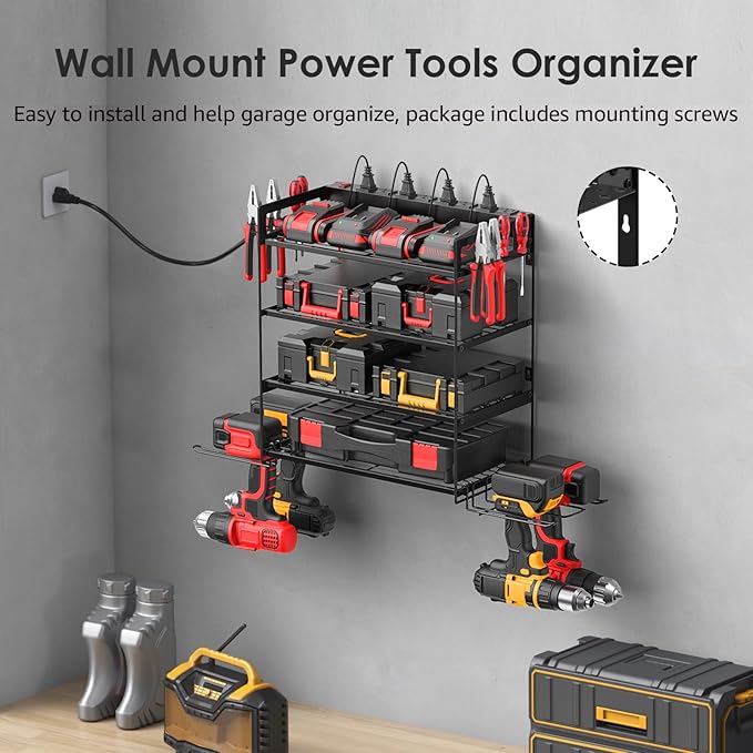 CCCEI Garage Tools Storage with Charging Station. Power Tool Battery Organizer Utility Shelf with Power Strip. 4 Drills Holder Wall Mount Rack, Black 4 Layer.-NeatNest