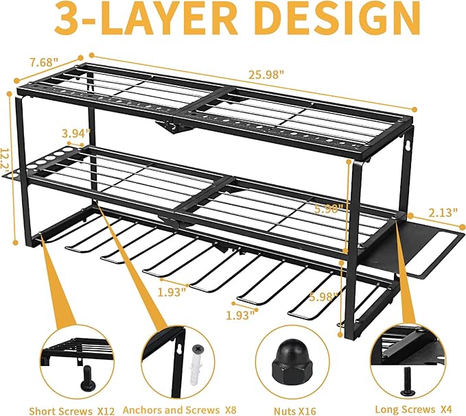 3 Layer Power Tool Organizer Wall Mount, Cordless Drill Hanger, Tool Rack, Battery Tools Holder, Drill Holder use for Garage, Workshop, Shed- 7 Slots
