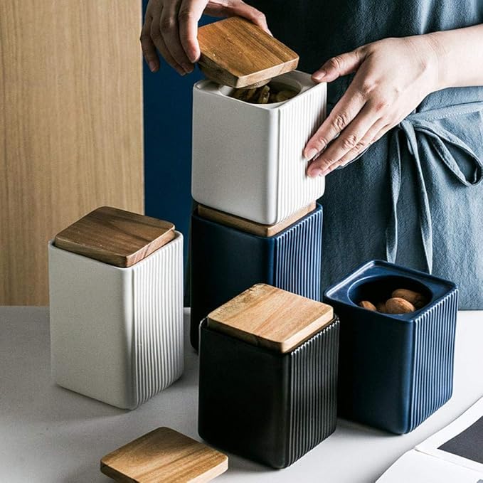 Food Storage Canister, Square Ceramic Cookie Jars Kitchen Canister with Airtight Lid, Good for Coffee Bean, Tea, Spices or Snacks Storage (Blue,Large)