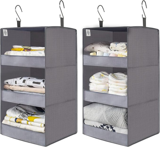 GRANNY SAYS 3-Shelf Closet Organizers and Storage, Foldable Hanging Closet Organizer, Hanging Closet Shelves with 2 Metal Hooks, Leak-Proof Closet Hanging Organizer for Locker & Camper, Gray, 2-Pack-NeatNest