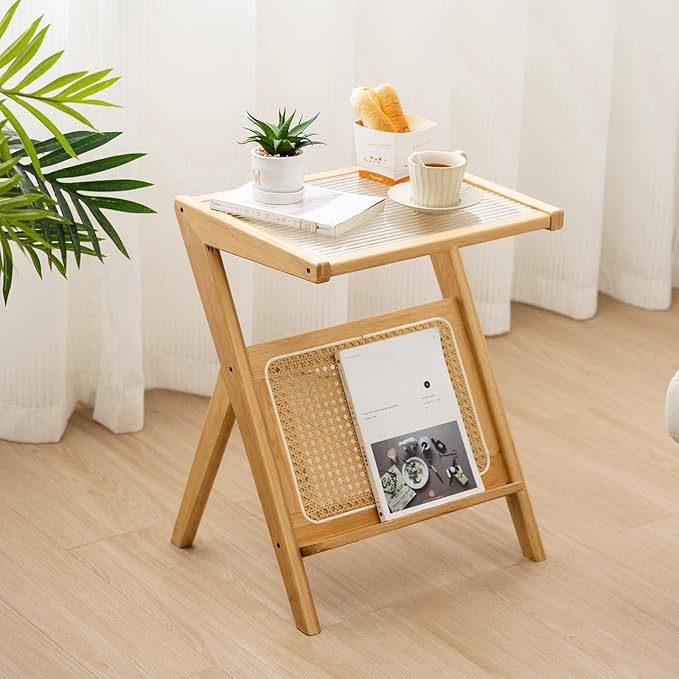 Tiita Rattan Side Table, Mid Century Nightstand, Bamboo Accent Bedside Tables, Glass Coffee Tables, Boho Wooden End Table with Storage for Small Space, Living Room and Bedroom