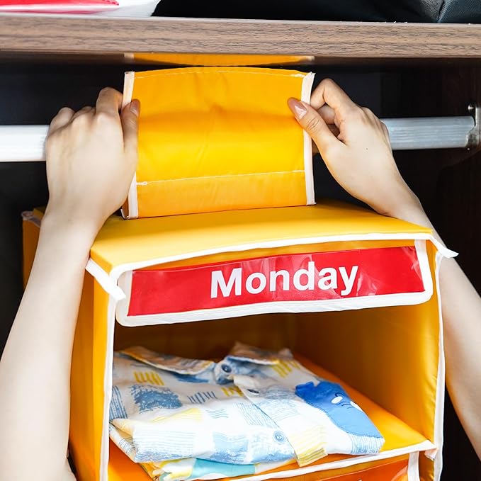 6-Shelf Weekly Closet Hanging Organizer for Kids, YOCOMEY 6-Grid Days of the Week Baby Kids Clothing Organizer Monday through Saturday, Foldable Oxford Cloth Closet Clothes Weekday Storage (New Yellow-NeatNest