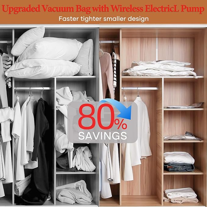 Vacuum Storage Bags for Clothing Travel, 10 Pack Vacuum Bags with Wireless Charging Air Pump(2 Large+4 Medium+4 Small), Compression Packing for Clothes Blanket Suitcase Luggage-NeatNest
