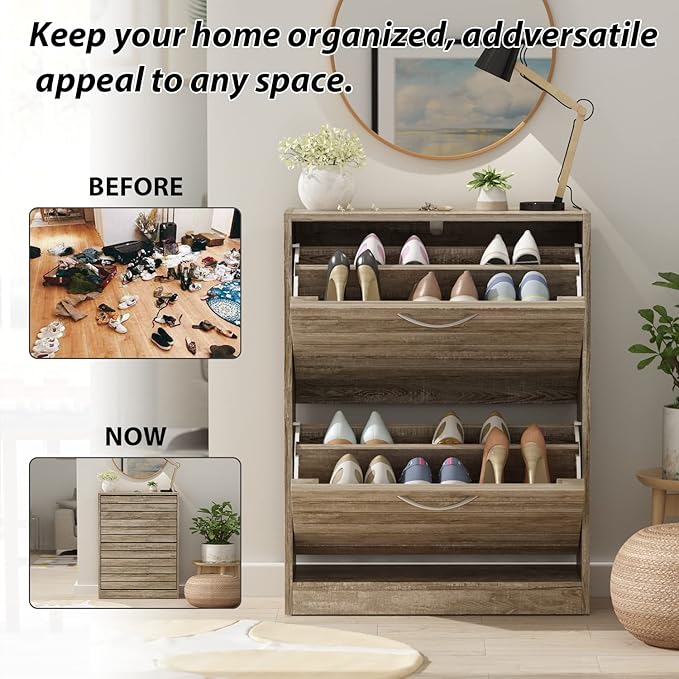 FUFU&GAGA Shoe Storage Cabinet with 2 Flip Drawers for Entryway, Modern, Freestanding Rack Organizer (22.4”W x 9.4”D x 29.5”H) (Light Brown)-NeatNest