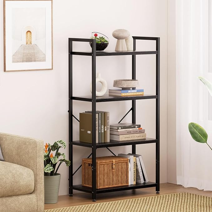 Casaottima Book Shelf, 4 Tier Bookshelf, Modern Wood Bookcase Shelves for Bedroom, Industrial Display Shelf for Living Room Home Office Kitchen, Standing Shelving Unit Storage Organizer, Black-NeatNest