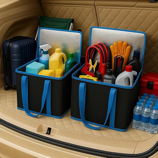 2-Pack Trunk Organizer for Car - Car Organizer, Foldable Trunk organizer for SUVs & Sedans, Sturdy Car Organization for Car Accessories, Tools, Sundries, Black, 2 Compartments insulated picnic basket-NeatNest