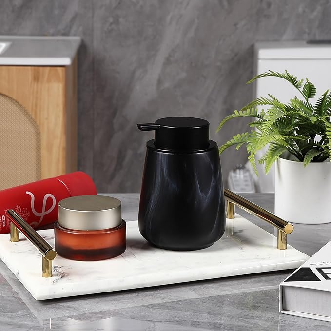 12Oz Ceramic Liquid Soap Dispenser - Modern Lotion Hand Soap Dispenser with Easy-to-Press Black Pump, Reusable and Refillable Dish Soap Dispensers for Bathroom & Kitchen, Marble Black-NeatNest
