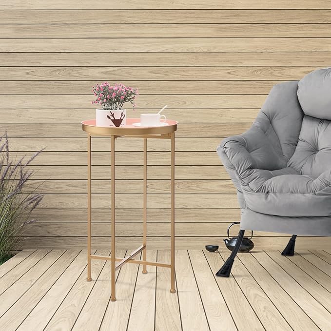 HollyHOME Small Round Metal End Table, Accent Indoor&Outdoor Coffee Side Table, Snack Sofa Table for Living Room, Anti-Rust Decorative Plant Stand, (D) 14.5" x(H) 25", Gold&Pink-NeatNest