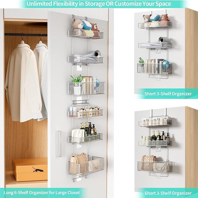 HapiRm Over Door Organizer Storage - Separable Door Organizer Hanging with 6 Metal Large Capacity Baskets for Bathroom Bedroom Kitchen Pantry Closet (Silver)
