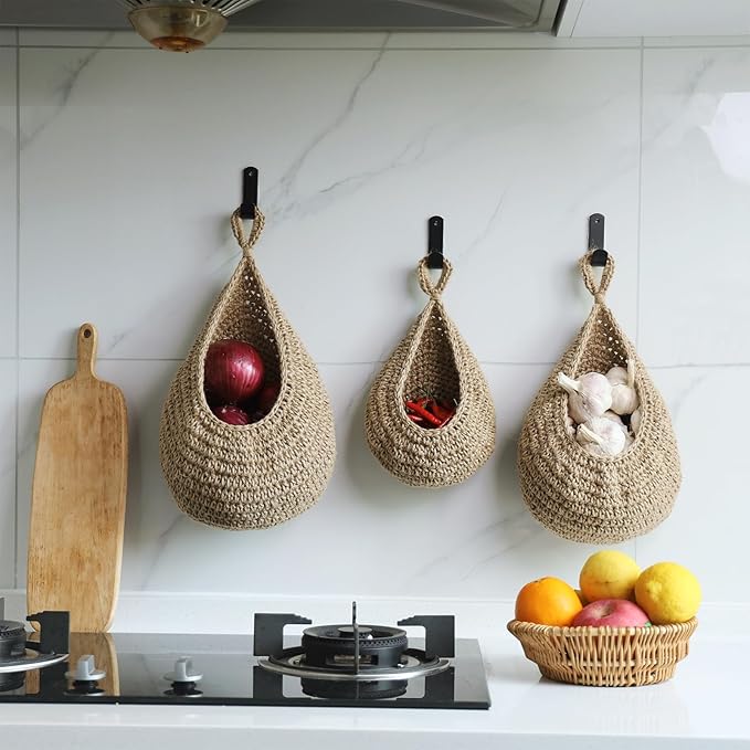 Hanging Fruit Basket Set of 3, Boho Wall Hanging Storage Jute Basket for Organizing & Decor, Handmade Teardrop Hammock Holder for Onion Fruit Vegetable in Home & Restaurant Kitchen with Hooks