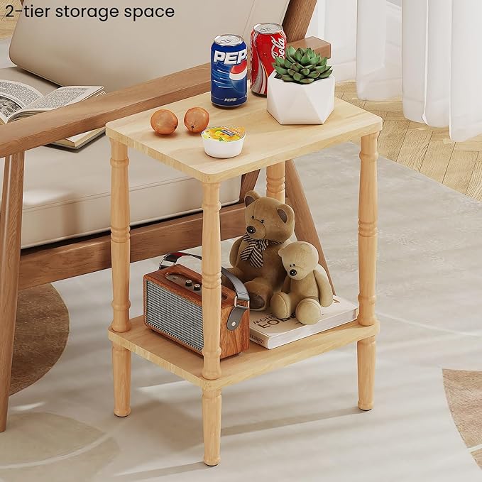 LUCKNOCK Solid Wood Side Table, Small Vintage End Table, Narrow Couch Side Table with Storage, Skinny Nightstand Bedside Table for Small Spaces, Bedroom, Living Room, Farmhouse, No-Tool Assembly.