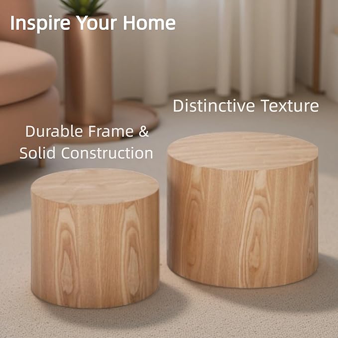 2-Piece Round Nesting Coffee Table, Circle End Table Wood Accent Table, Minimalist Side Table Set for Small Spaces, Living Room, Apartment(Oak)