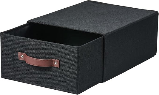 Closet Drawer Organizer Stackable Fabric Storage Boxes Bins Baskets with Lid PU Leather Handles Foldable Washable Cotton Linen Wardrobe Shelf Clothes Towels Container (Black, Large)-NeatNest