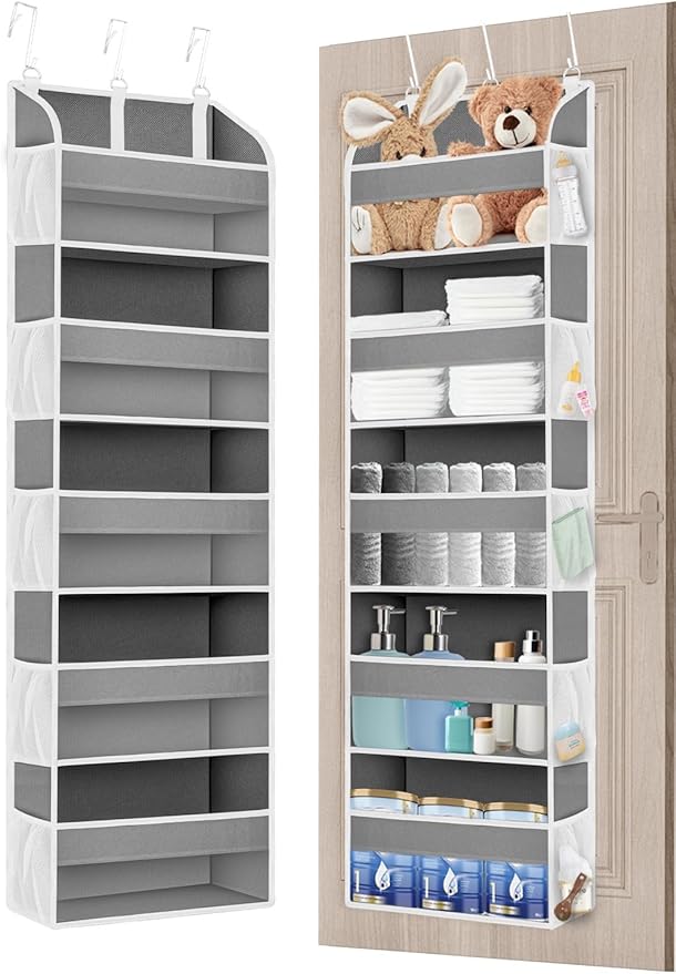 1 Pack Over The Door Storage Organizer with 5 Pockets 10 Mesh Side Pockets, 44 lbs Weight Capacity Door Hanging Organizers and Storage for Bedroom,Bathroom,Nursery,Pantry,Dorm(Light Gray)-NeatNest