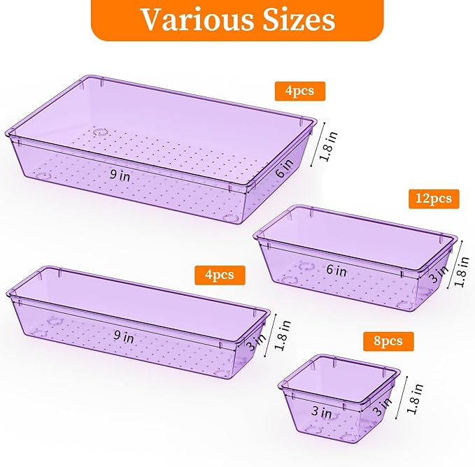 32 PCS Clear Plastic Drawer Organizer Set, 4-Size vanity organizer Trays and Storage Bins for Makeup, Jewelry and Gadgets in Bedroom, Bathroom and Office, Clear Purple-NeatNest