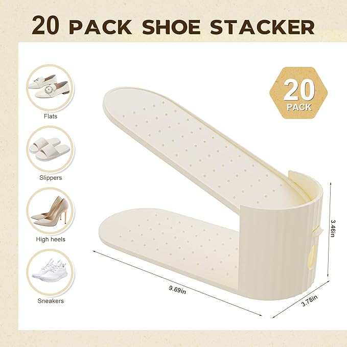 20 Pack Shoe Slot Organizer, Shoe Stacker for a Pair of Shoes,Adjustable Double Deck Shoe Riser Shoe Rack Space Saver,Shoe Organizer for Closet(White)-NeatNest