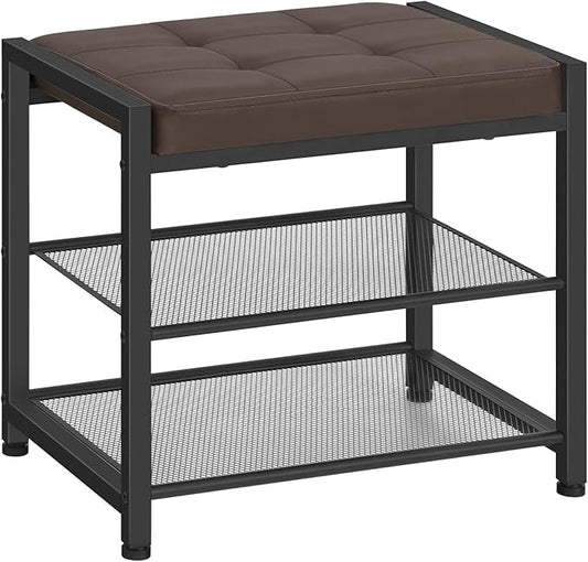 HOOBRO Small Shoe Bench, 3-Tier Shoe Rack, Shoe Storage Bench with PU Seat Cushion, Entryway Shoe Rack Bench with Metal Mesh Shelves, Freestanding Shoe Organizer for Hallway, Brown CB33HX01