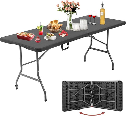 Folding Table 6 FT Heavy Duty Plastic Foldable Table with Carrying Handle for Garden Party Picnic Camping BBQ Dining Kitchen Wedding Market Events, Black-NeatNest