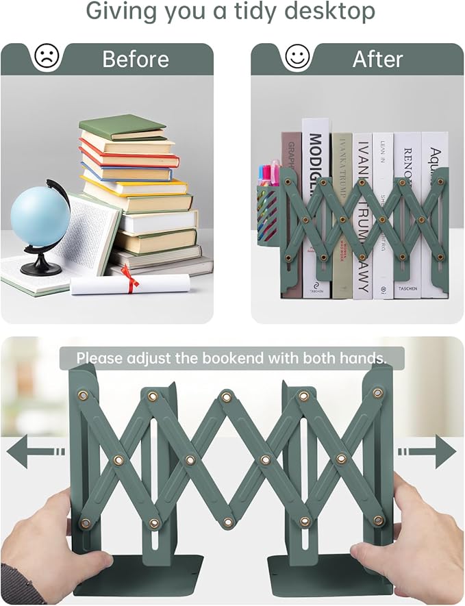 Honagu Adjustable Bookends, Metal Book Ends for Shelves Heavy Book, Desk Magazine File Organizer for Home, Office, Books, Papers, Extends up to 19 inches with Pen Holder (Green)