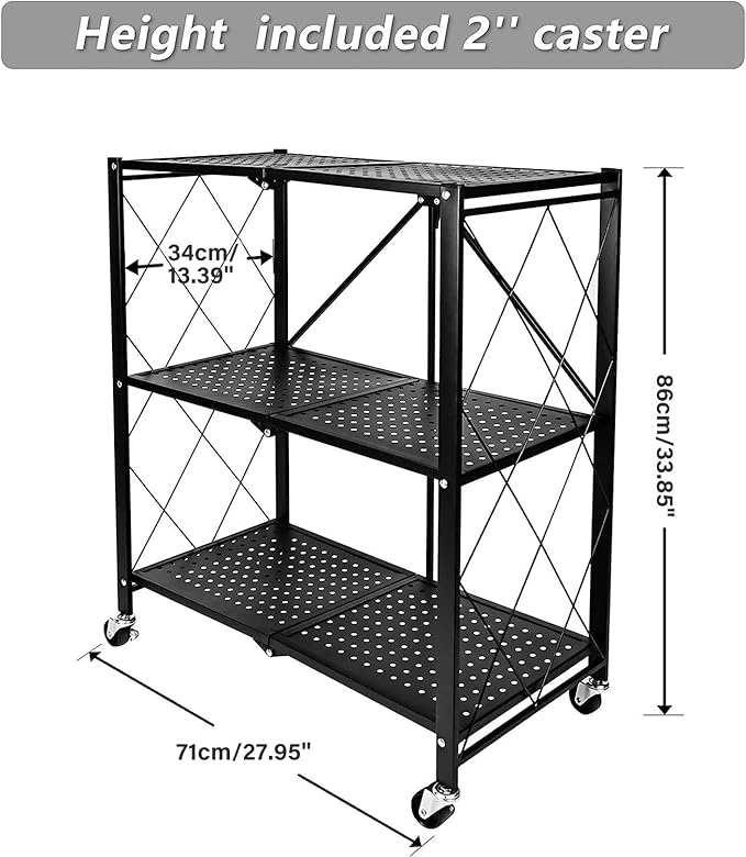 HealSmart 3-Tier Foldable Metal Rack, 27.95" D x 13.39" W x 33.85" H Storage Shelving Unit with Wheels Moving Organizer Shelves for Garage Kitchen, Black