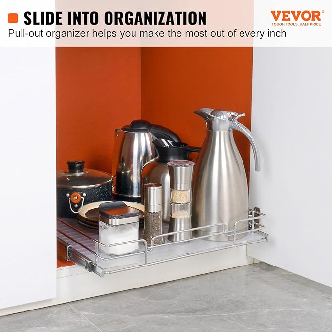 VEVOR 15.5" Wx21 Dx3.5 H Pull Out Cabinet Organizer, Heavy Duty Slide Out Pantry Shelves, Chrome-Plated Steel Roll Out Drawers, Storage for Home Under Sink, 17" Wx22 Dx7 H Install Size for Cabinet-NeatNest