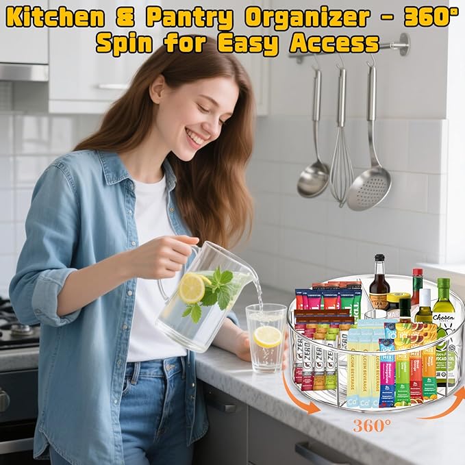 Clear Acrylic Drink Packet Organizer 11.7" x 11.7" x 4.5", 360° Rotating Carousel Lazy Susan Storage Bins Turntable 5-Compartment Dividers for Kitchen Fridge Pantry Powdered Drinks Water Snacks-NeatNest