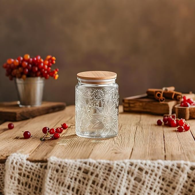 2 Pack Glass Storage Jar with Bamboo Lid, 23.7 FL Oz Kitchen Glass Food Storage Containers for Candy, Coffee Tea Beans, Oats,Flour, Grains