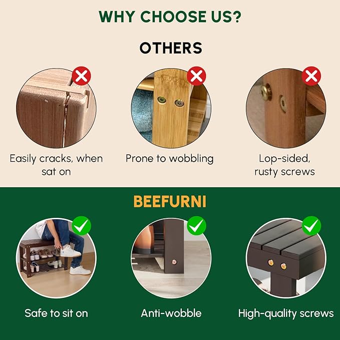 BEEFURNI Acacia Shoe Rack Bench, 3-Tier Sturdy Shoe Storage Bench, Wooden Footwear Organizer for Boots, 300 LBS Load Capacity, Perfect for Closet Entryway Bathroom, 1-Year Manufacturer Warranty, Brown-NeatNest