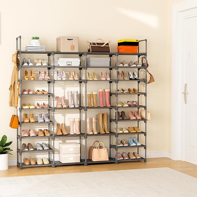 ROJASOP Large Shoe Rack Organizer for Entryway Closet 64-68 Pairs 9-Tier Heavy Duty Tall Garage Shoe Rack Shoe Shelf Shoes Storage with 18 Pcs Removable Side Hooks for Bedroom and Garage Grey-NeatNest