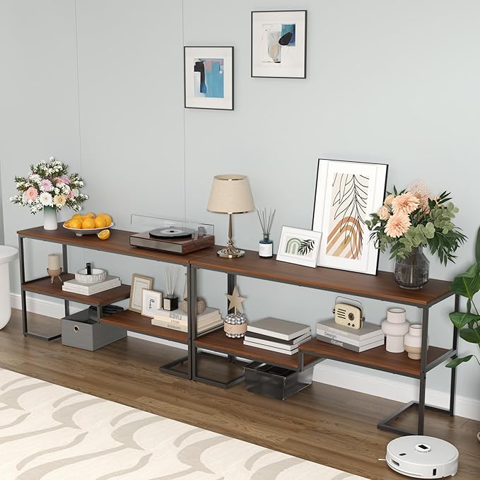 Console Table, 3-Tier Industrial Entryway Table, 53”L Entrance Sofa Table with Shelves, Hallway, Living Room, Foyer, Corridor, Office, Brown and Black-NeatNest
