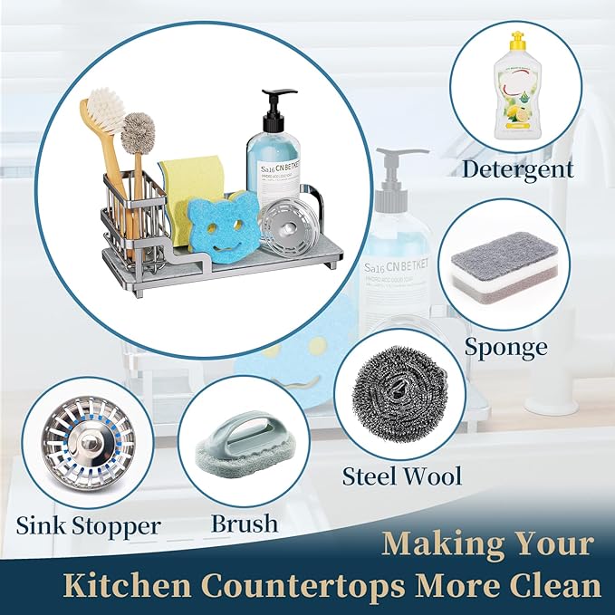 Consumest Sponge Holder for Kitchen Sink - Sink Caddy Organizer with Water Absorbing Stone Tray, Detachable Brush Holder, Stainless Steel Kitchen Counter Organizer Rack, Silver-NeatNest