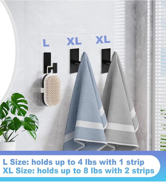 8 Pcs Towel Hooks Heavy Duty for Hanging，Adhesive Wall Hooks with Removable Strips，Sticky No Damage，Outdoor for Bathrooms，Shower，Stockings，Decor，Robe，Large，Black 304 Stainless Steel