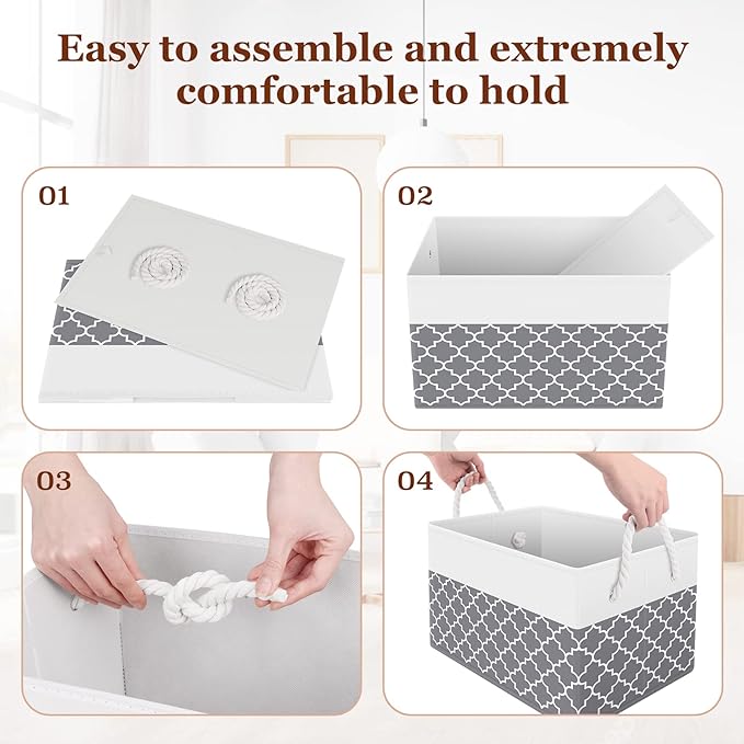 Fab totes Storage Bins [3-Pack], Foldable Storage Baskets for Organizing Toys, Books, Shelves, Closet, Large Storage Box with Rope Handles, Sturdy Organizer Bins,Clover Grey-NeatNest