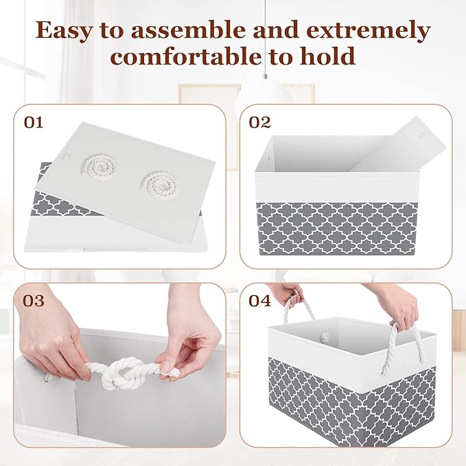 Fab totes Storage Bins [8-Pack], Foldable Storage Baskets for Organizing Toys, Books, Shelves, Closet, Large Storage Box with Rope Handles, Sturdy Organizer Bins,Clover Grey-NeatNest