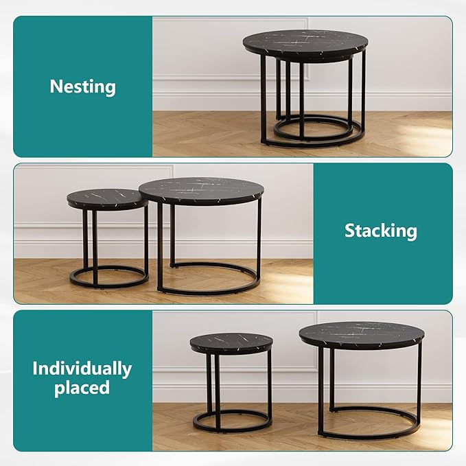 Smuxee Black Nesting Coffee Table Set of 2, 23.6" Round Coffee Table Wood Grain Top with Adjustable Non-Slip Feet, Industrial End Table Side Tables for Living Room Bedroom Balcony Yard