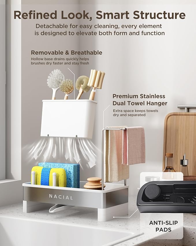 Nacial Sponge Holder for Kitchen Sink, Sink Caddy Organizer with High Brush Holder, Two Towel Racks & Soap Dispenser- Rustproof 304 Stainless Steel Kitchen Countertop Storage Essentials - White-NeatNest