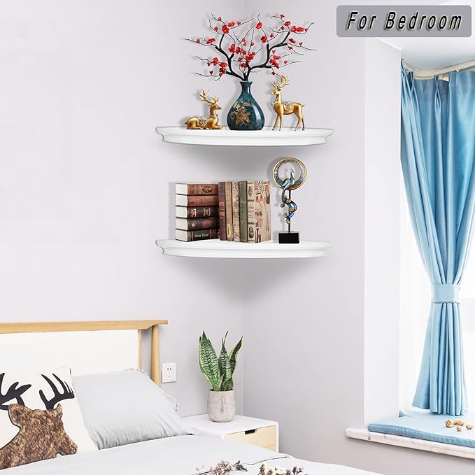HAO Floating Corner Shelf Invisible Wall Mounted Shelves Radial Shape Cable Wire Hole Pattern Perfect for Bedroom Bathroom Living Room Kitchen Set of 2 White-NeatNest