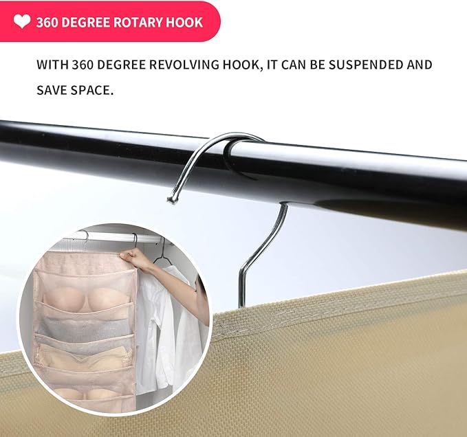 Enlarged Closet Hanging Bra Organizer with Rotating Metal Hanger, Dual Sided Wall Shelf Wardrobe Mesh Pockets Hanging Storage Bag for Bra Socks Underwear Underpants-NeatNest