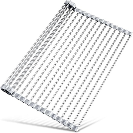 Tomorotec Stainless Steel Roll-Up Dish Drying Rack Marble Color Silicone Edges, Foldable Kitchen Rack Heat Resistant Trivet Supports up to 70 lbs, Food Safe for Dishes, Cookware & More