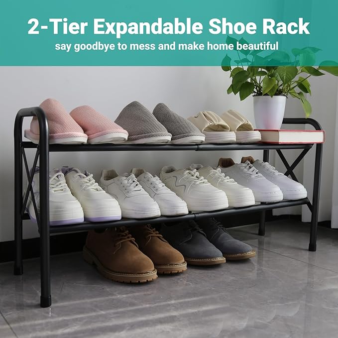 2-Tier Expandable Shoe Rack for Closet, Adjustable Shoe Organizer Metal Shoe Shelf for Entryway, Garage & Corridor, Free Standing Shoe Holders, Easy to Assemble-NeatNest
