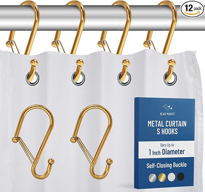 12 Decorative Metal Shower Curtain Hooks, S-Shaped Hooks with Anti-Fall System, Rust-Proof Shower Rings with Safety Buckle, Fits Rods Up to 1-Inch Diameter (S, Gold)-NeatNest