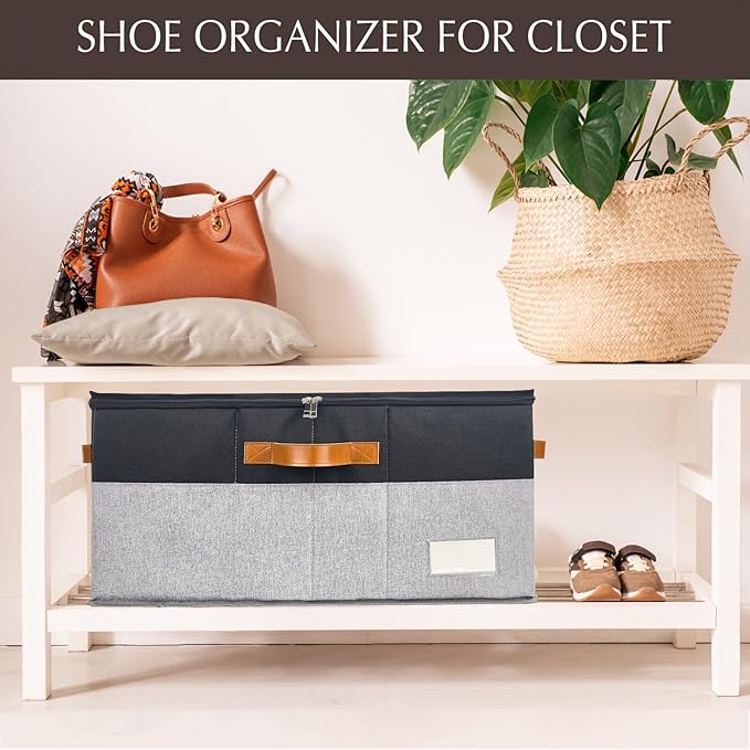 1 Pack Shoe Organizer for Closet, Adjustable Shoe Box Storage Containers, Large Foldable Shoe Bins with Clear Cover, Space Saving Shoes Holder with 4 Handles, Fits 12-24 Pairs, Black-NeatNest
