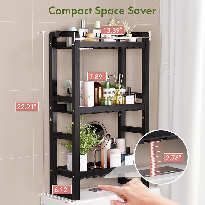 AmazerBath Bamboo Over The Toilet Storage Shelf - 3-Tier Bathroom Organizers and Storage Shelves, 2 in 1 Dual Stable Above Over Toilet Bamboo Shelf Home Storages Rack for Small Bathroom, Black-NeatNest