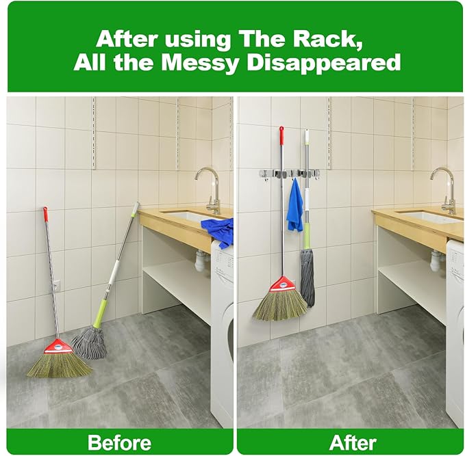 voze 2 Racks and 3 Hooks Mop and Broom Holder Wall Mount, Self Adhesive Heavy Duty Broom Organizer Storage Tool Racks for Kitchen Garden Laundry Garage-NeatNest